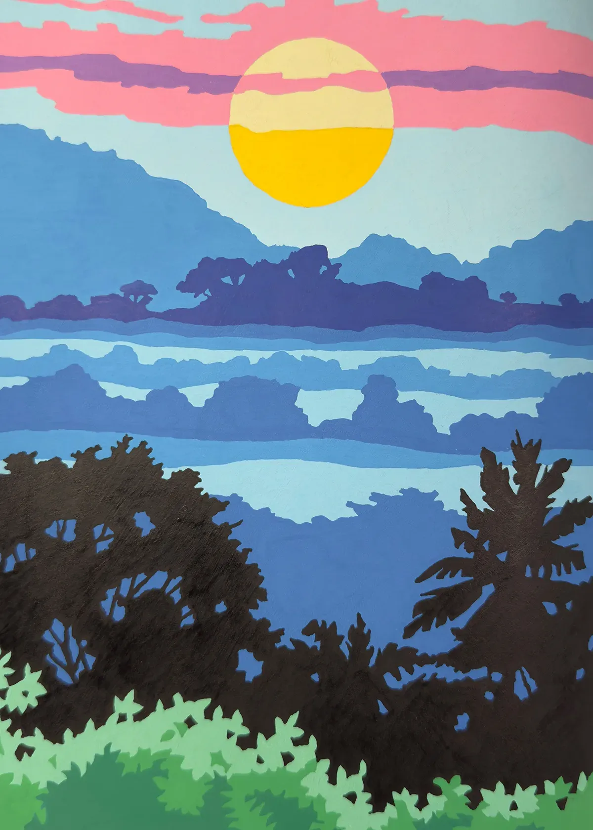 Completed colour by numbers of a sunset and trees, using a green, blue and subtle yellow, pink & purple colours. This page is from the Arbres du Monde book.