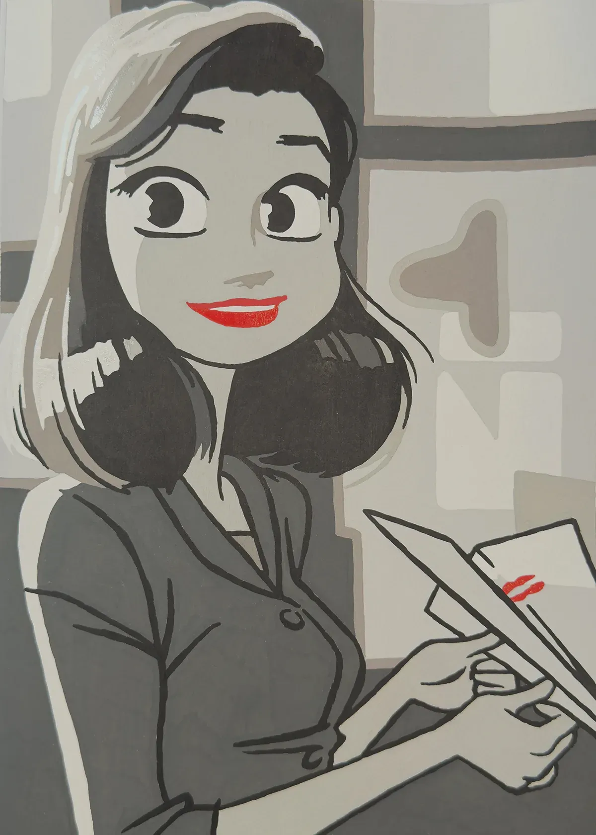 Completed colour-by-numbers page featuring Meg from Disney's Paperman, illustrated in shades of grey with bright red lips and a red lipstick mark on a paper airplane.