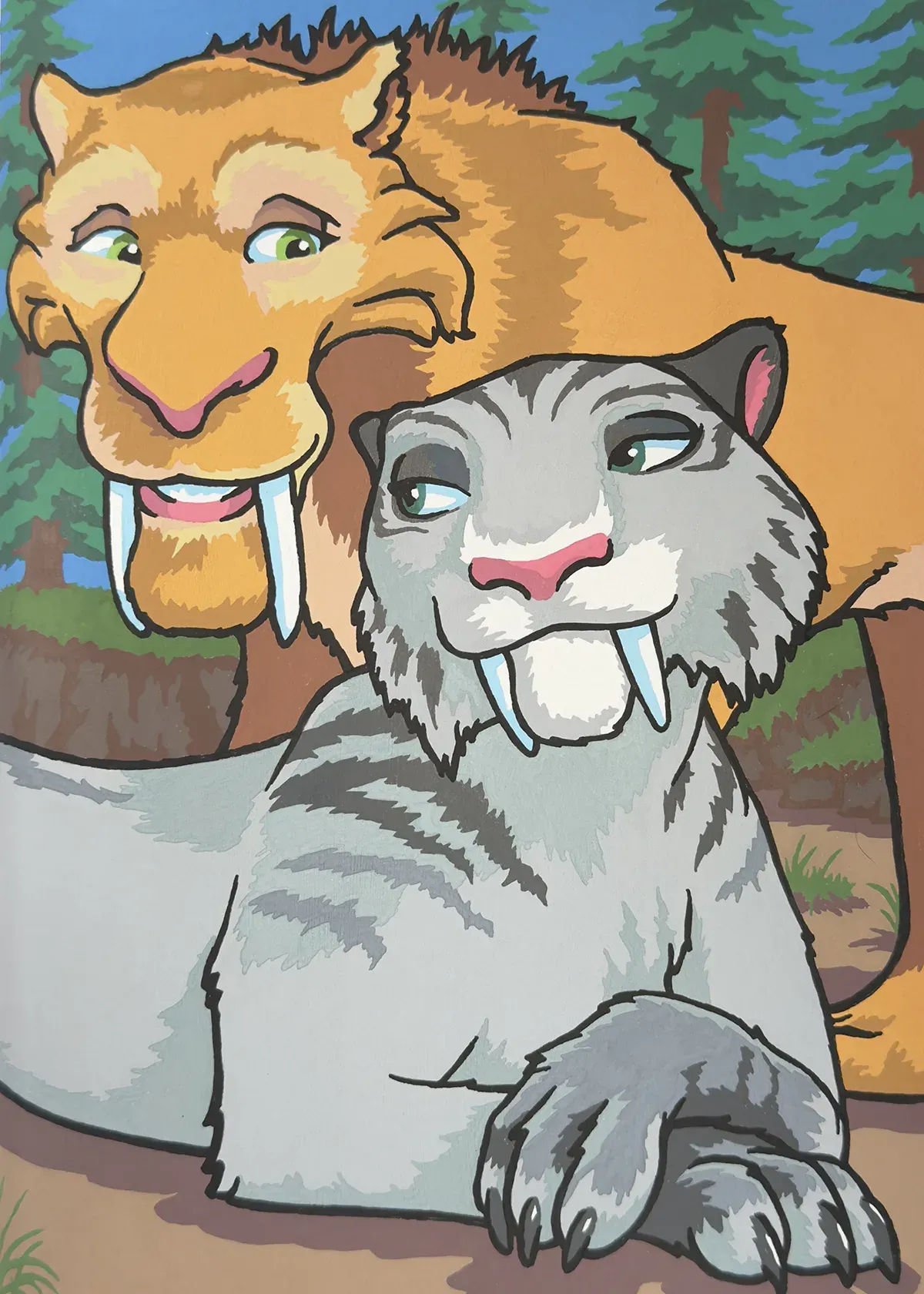 Completed colour-by-numbers page featuring Shira and Diego, the sabre-toothed tigers from Ice Age, together in a forest setting.