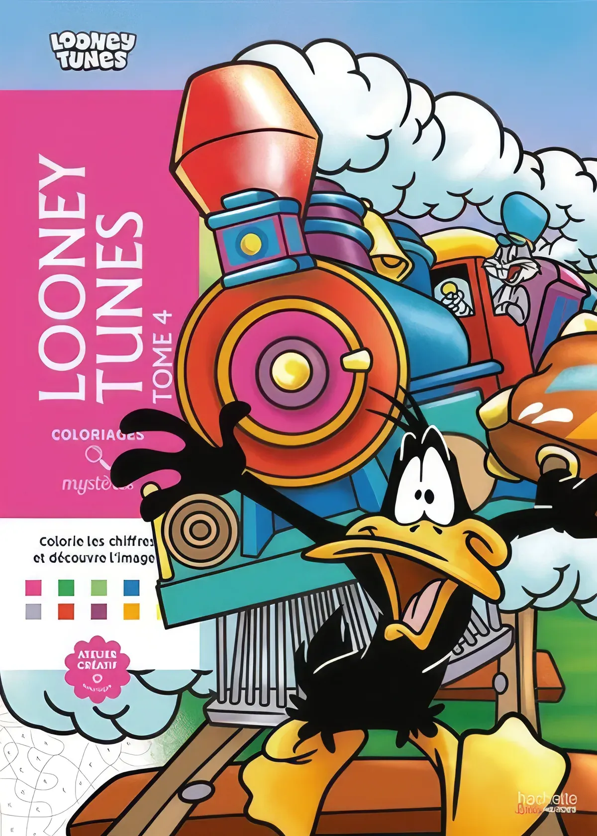 Book cover for Looney Tunes Tome 4, a mystery colour-by-numbers book featuring Daffy Duck in front of a colourful steam train, with Bugs Bunny looking out from the carriage.