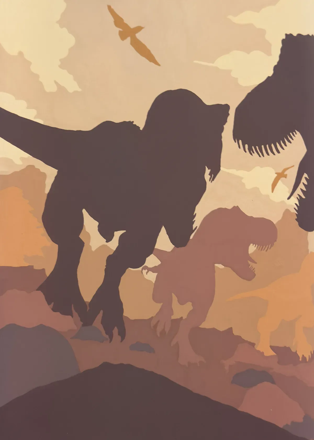 Completed colour-by-number scene of silhouetted dinosaurs beneath a golden sky.