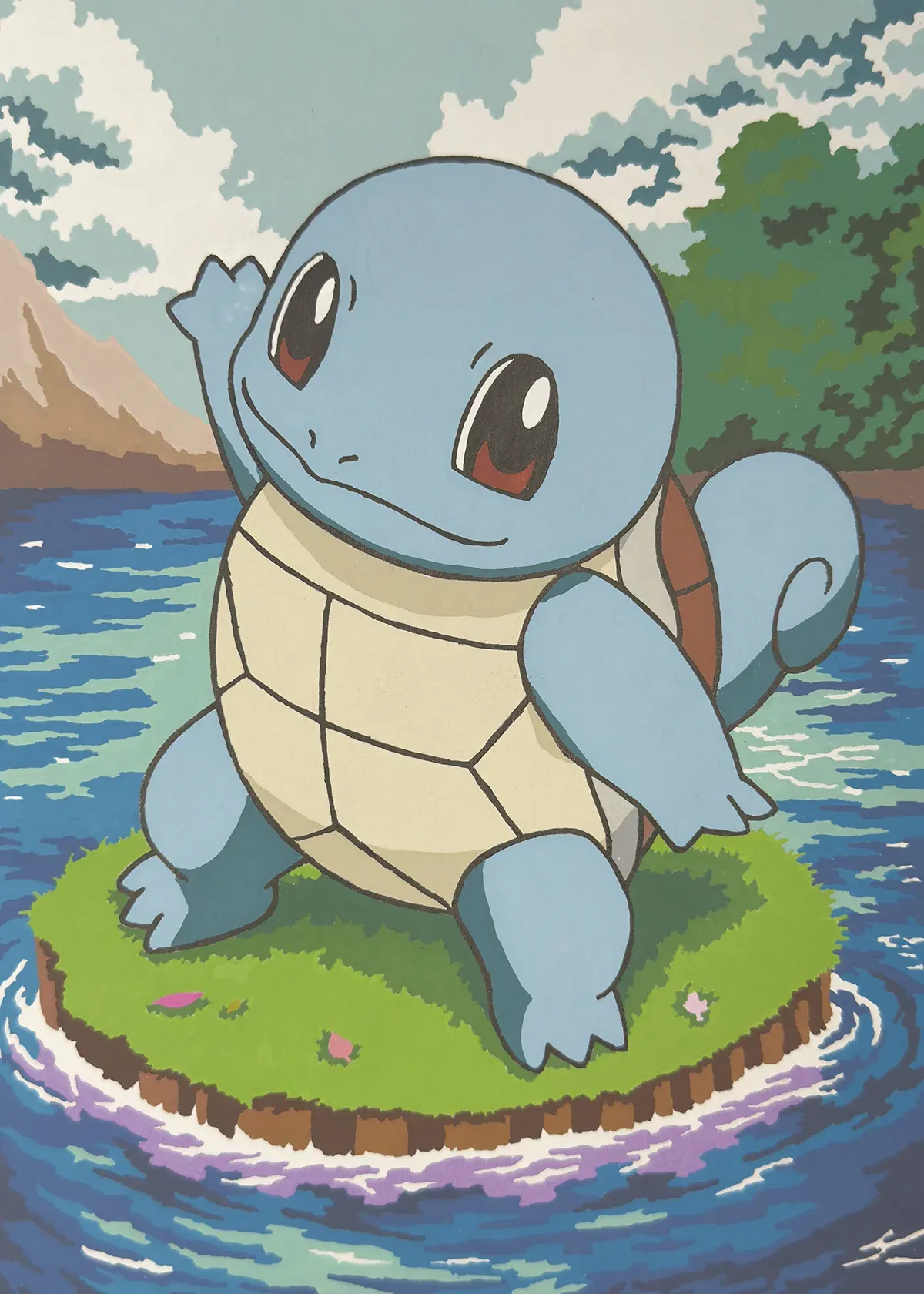 Completed Pokémon colour-by-number page of Squirtle on a small island.