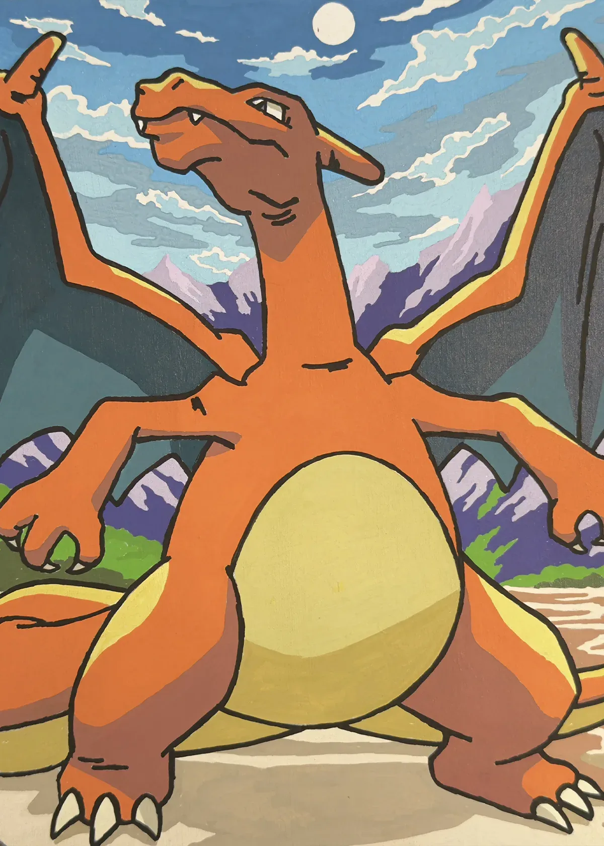 Completed colour-by-numbers page featuring Charizard from Pokémon, with its wings spread against a mountainous landscape and blue sky.