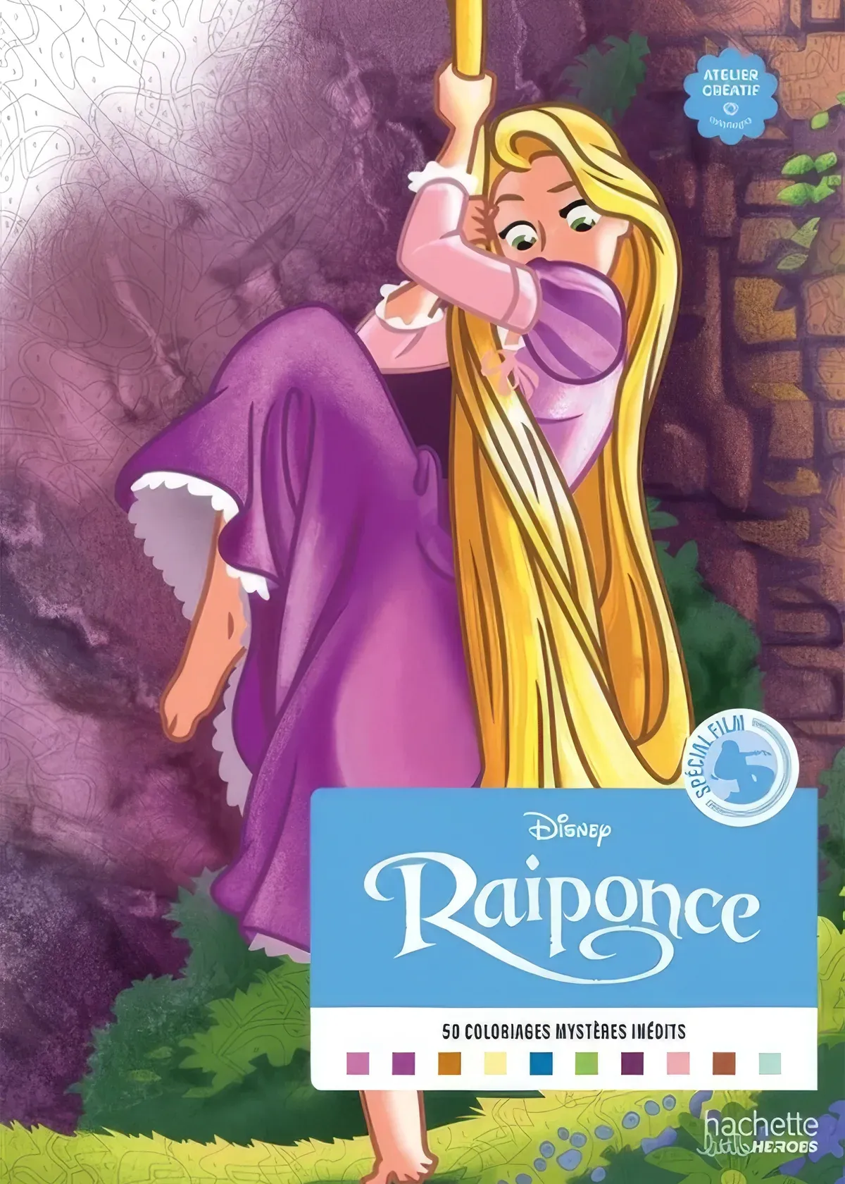 Disney Tangled Mystery Colouring Book cover featuring Rapunzel climbing down from her tower with her long golden hair